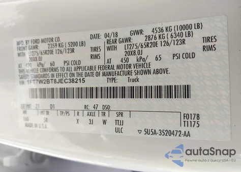 2018 Ford F-250 Lariat from USA, damaged, VIN 1FT7W2BT8JEC38215